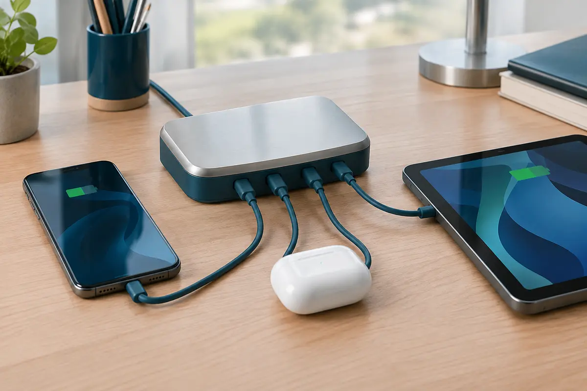 Station multi-appareils avec câbles intégrés reliés à plusieurs appareils