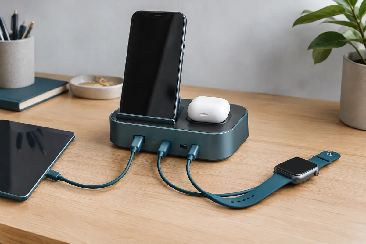Station USB-C avec câbles intégrés reliés à plusieurs appareils
