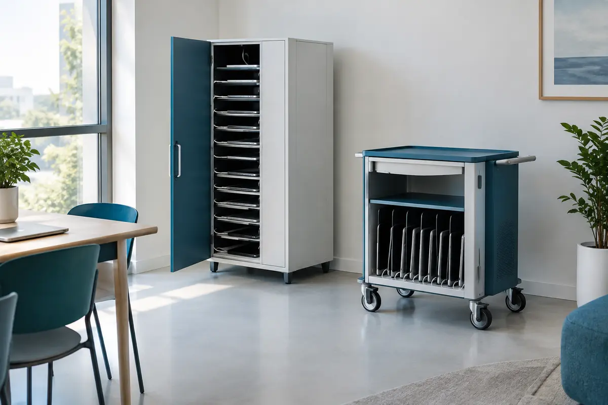 Armoire et chariot de charge pour appareils dans une salle claire