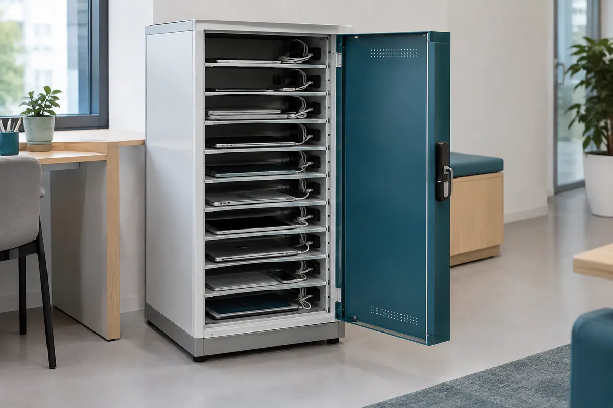 Armoire ouverte avec appareils rangés dans des compartiments de charge