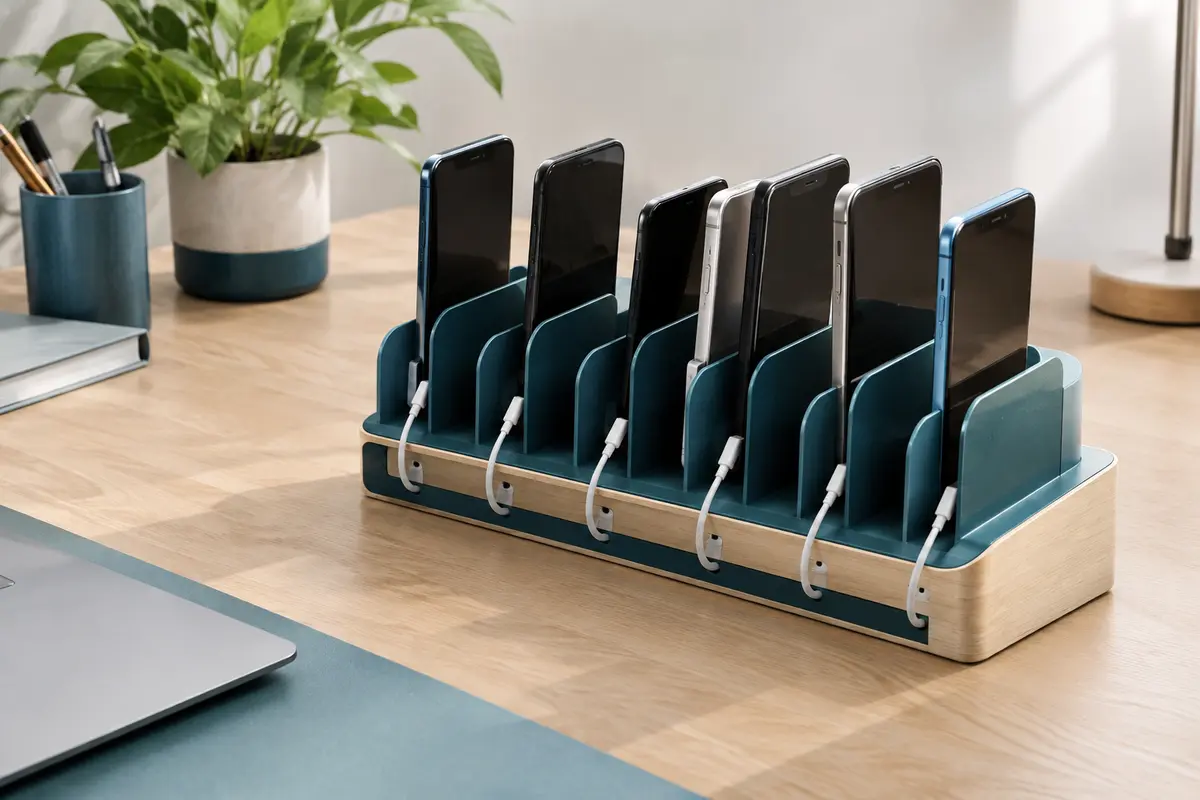 Plusieurs smartphones rangés dans une station de charge à compartiments
