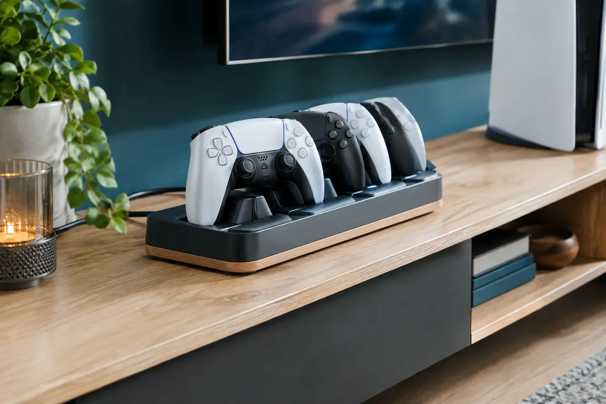 Plusieurs manettes installées sur une station de charge près d’une console