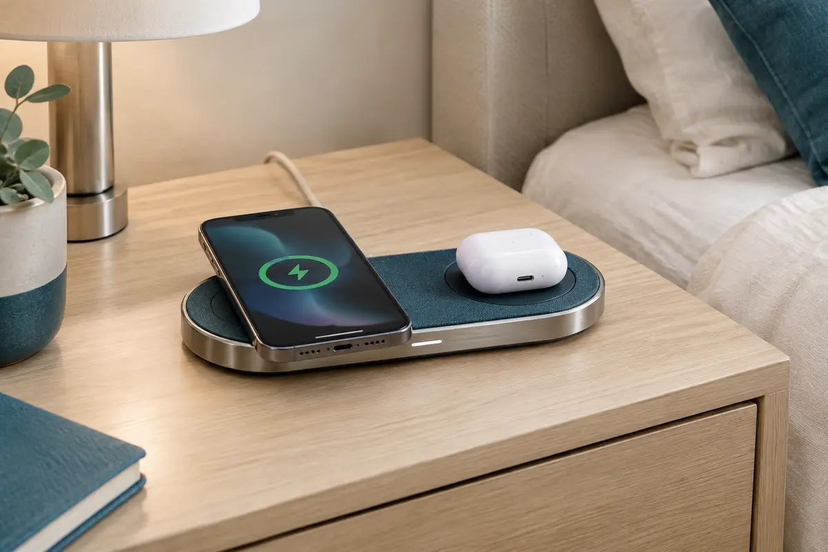 Station sans fil 2-en-1 avec téléphone et écouteurs sur une table de chevet