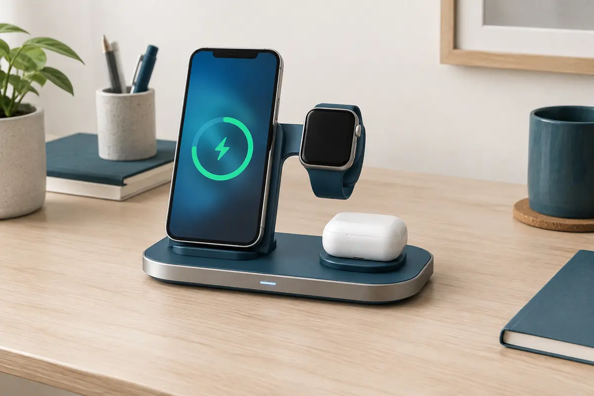 Station sans fil 3-en-1 avec smartphone, montre et écouteurs sur un bureau