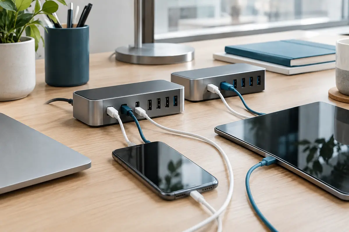 Stations USB multiports avec câbles et appareils sur un bureau contemporain