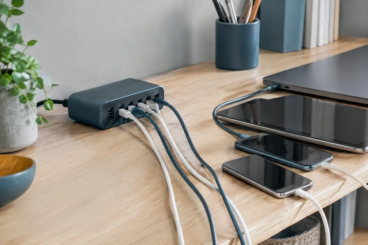 Station USB-A multiports avec câbles branchés et appareils alignés