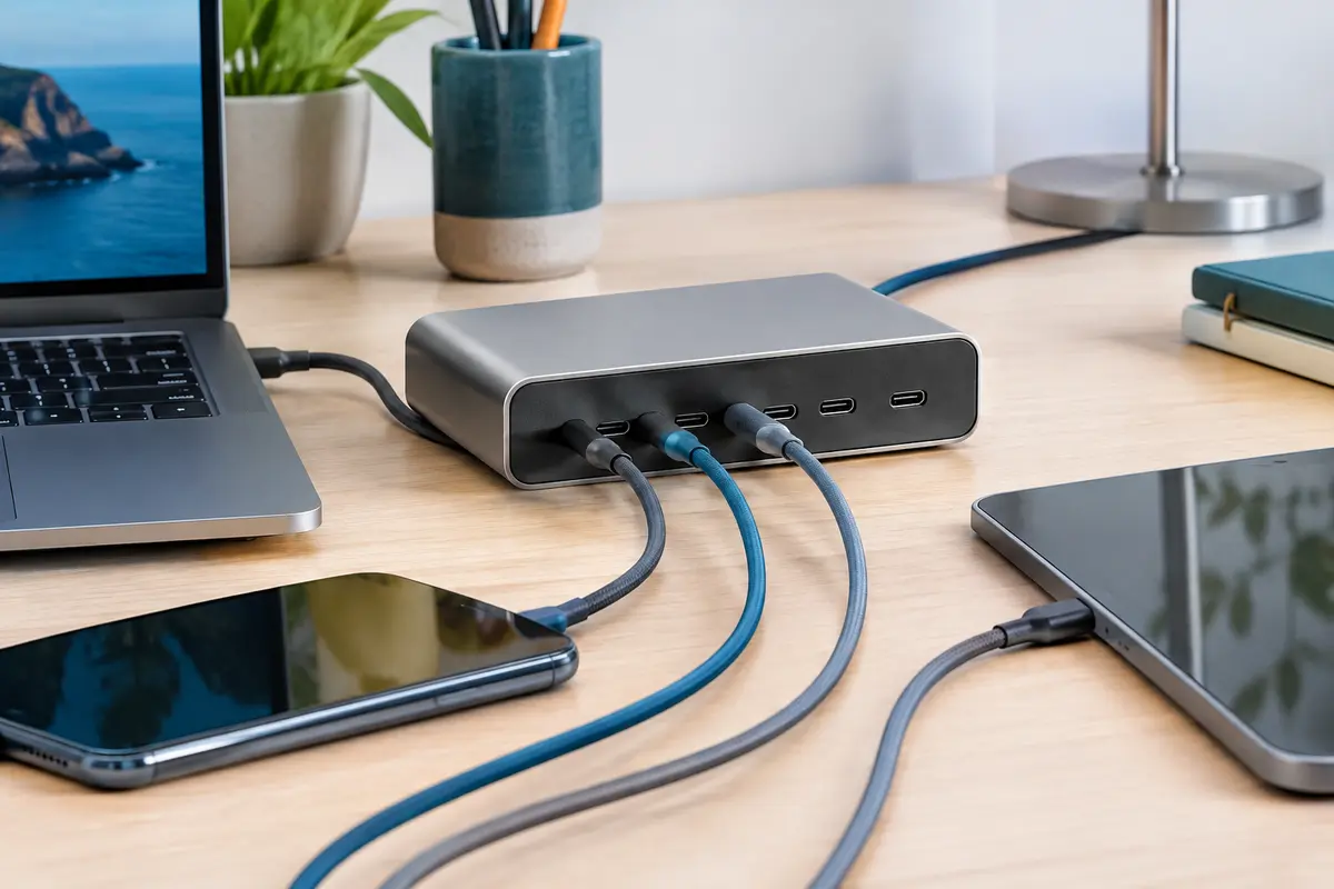 Station USB-C multiports avec câbles connectés sur un bureau clair