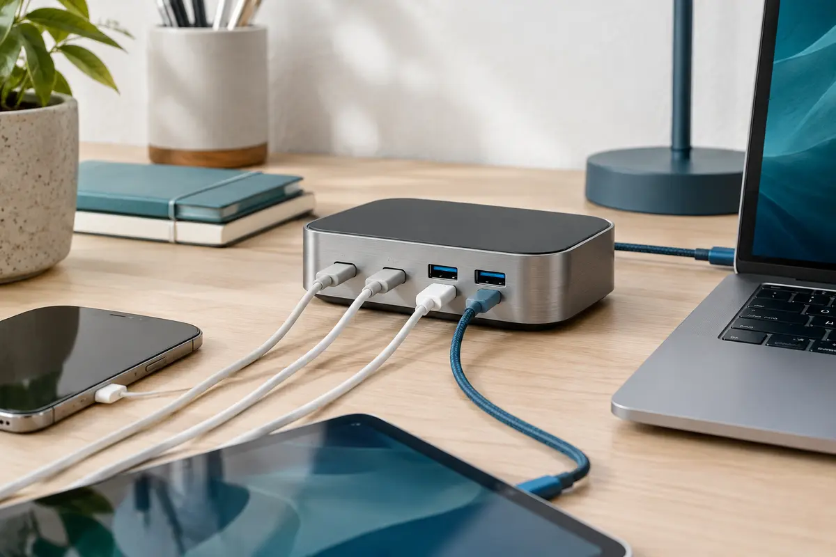 Station mixte USB-C et USB-A avec plusieurs câbles sur un bureau