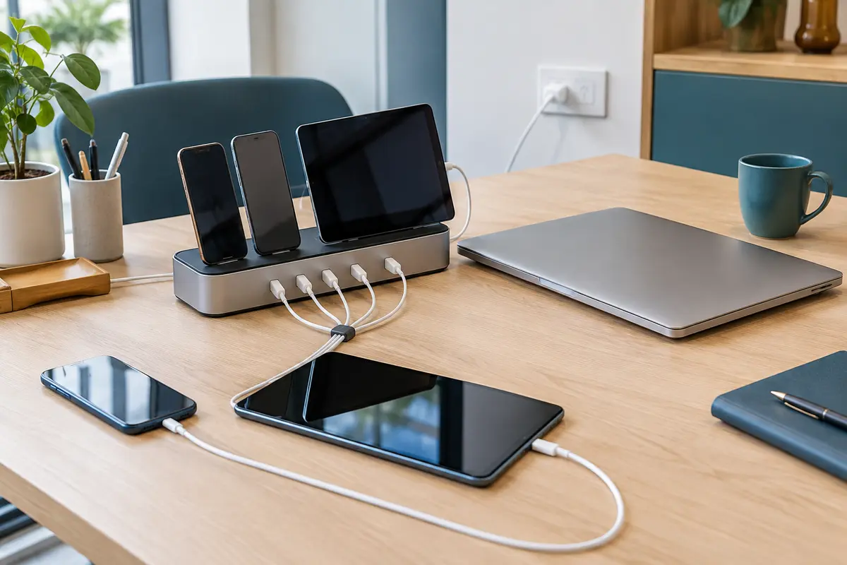 Station de charge compacte et appareils rangés sur un plan de travail partagé dégagé.