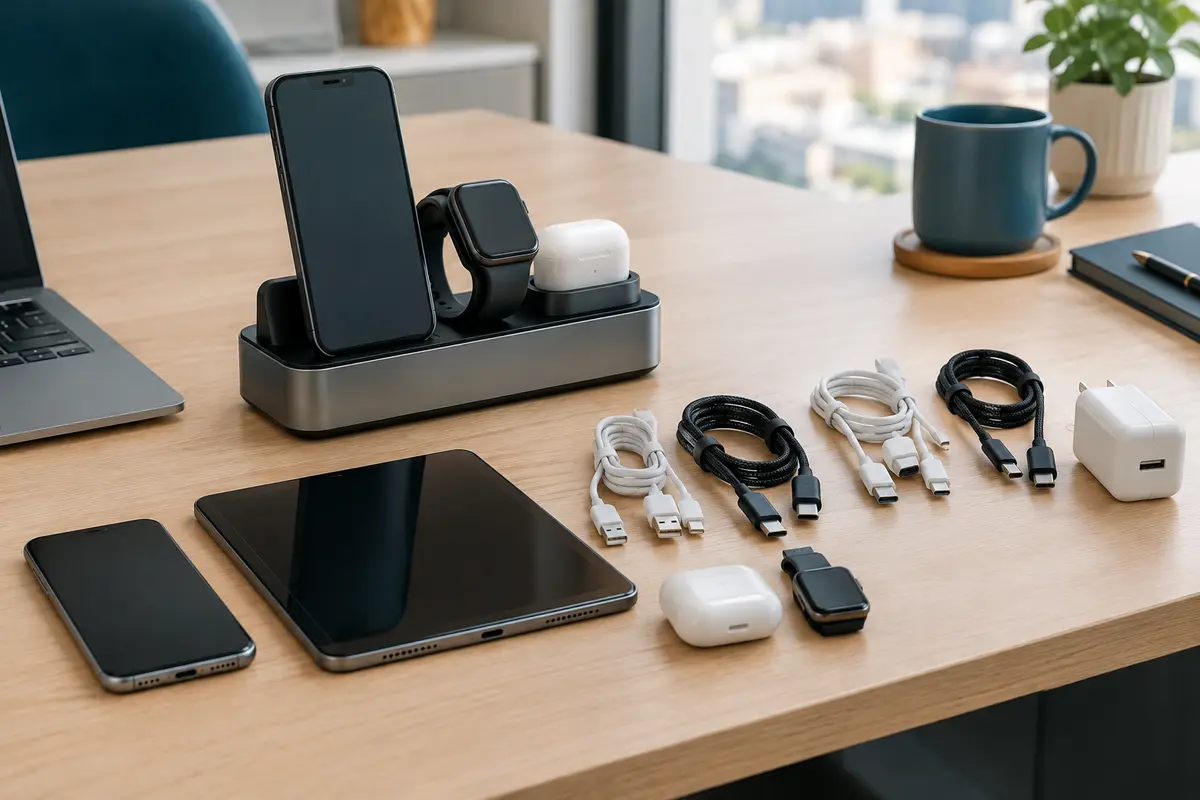 Station de charge multi-appareils et câbles séparés disposés sur un bureau pour comparer les accessoires nécessaires
