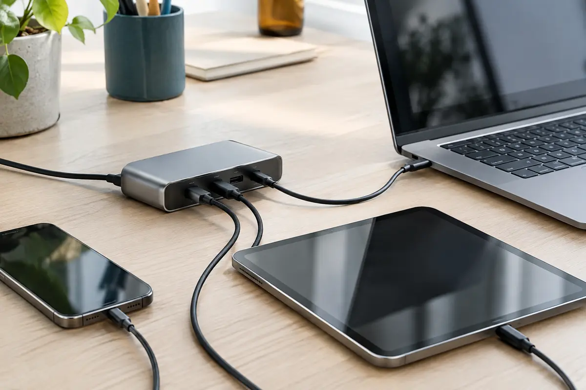 Station USB-C alimentant un téléphone, une tablette et un ordinateur portable sur un bureau