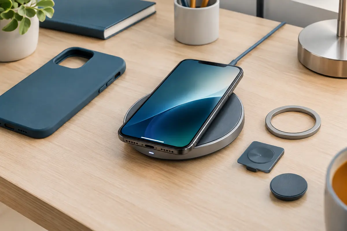 Téléphone posé sans coque au centre d’une station de charge sans fil sur un bureau clair