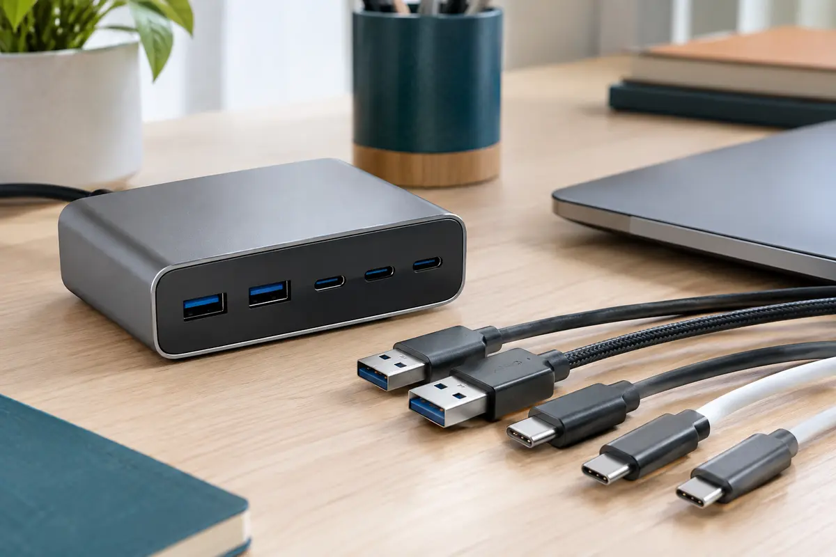 Station multiports avec câbles USB-A et USB-C disposés sur un bureau pour comparer leurs connecteurs.