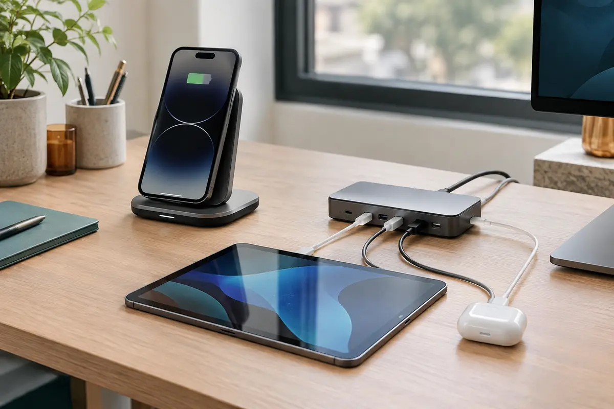 Comparaison sur un bureau d’une station sans fil pour téléphone et d’une station USB reliée à plusieurs appareils.