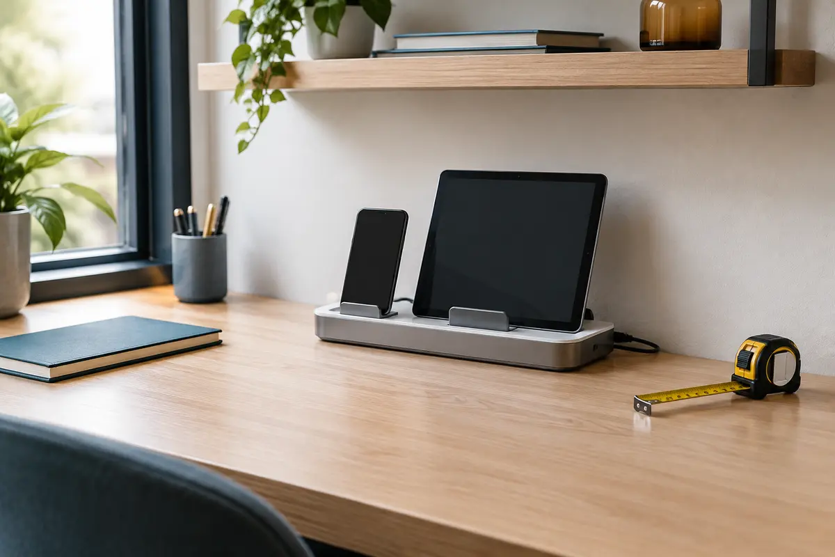 Station de charge mesurée sur un bureau étroit, avec câbles dégagés et étagère au-dessus
