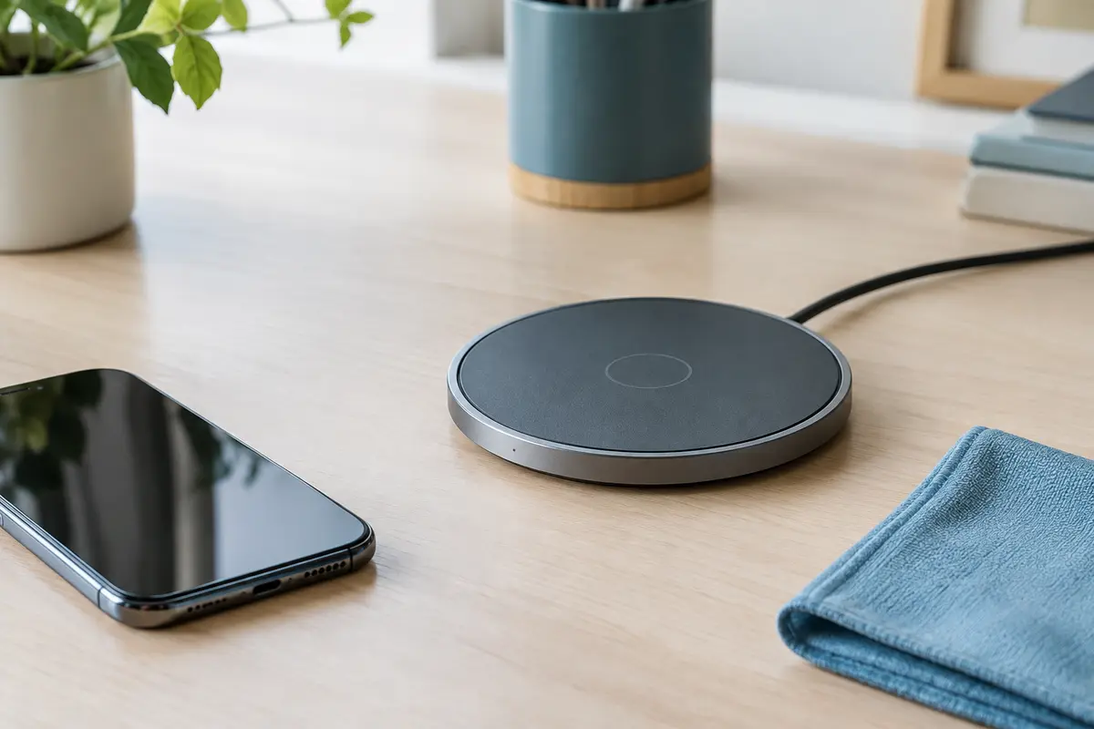 Station de charge sans fil propre sur un bureau, avec un chiffon microfibre posé à proximité.