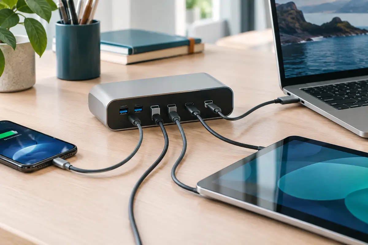 Station USB multiports branchée à plusieurs appareils sur un bureau organisé