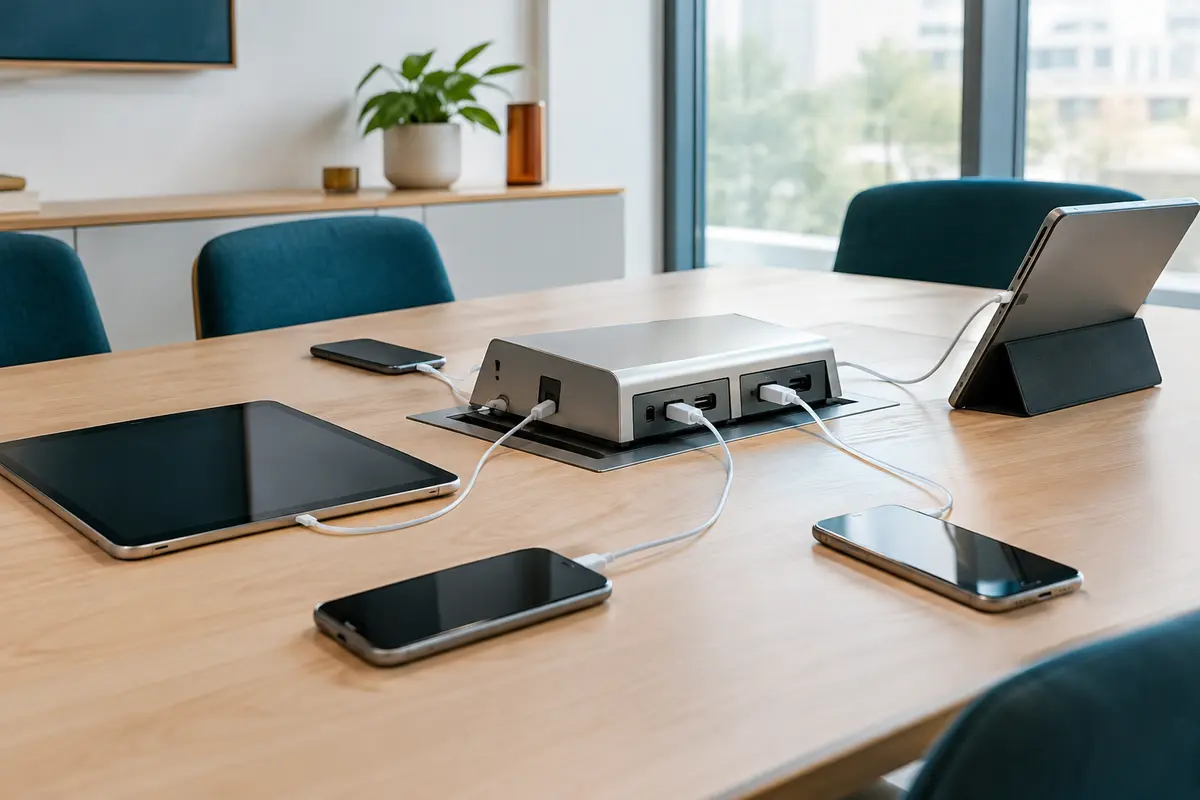 Station de charge collective organisée sur une table de salle de réunion avec appareils séparés et câbles rangés