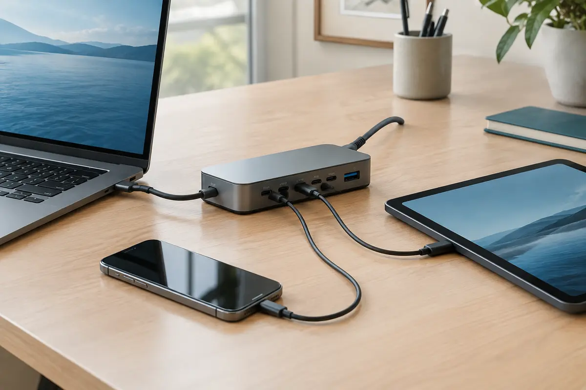 Station USB-C multiports alimentant un ordinateur portable, une tablette et un téléphone sur un bureau