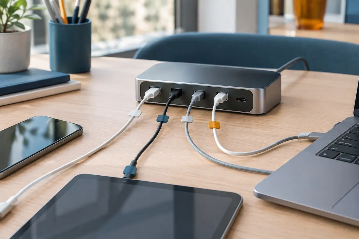Station USB multiports et câbles organisés près d’un téléphone, d’une tablette et d’un ordinateur