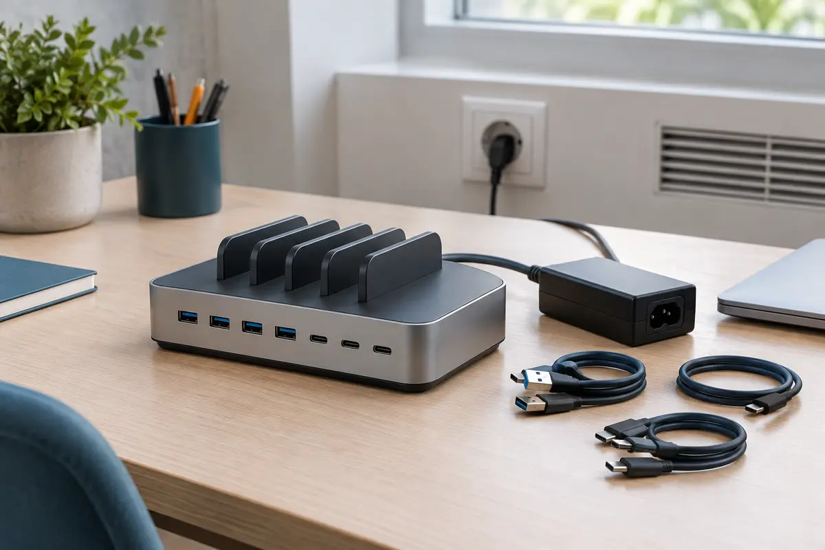 Station de charge multiports et câbles intacts disposés sur un bureau partagé dégagé