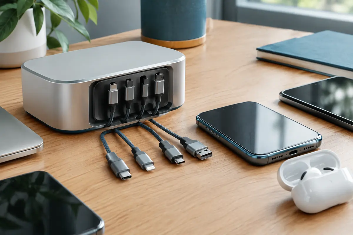 Station de charge sur un bureau avec plusieurs câbles intégrés et des connecteurs différents accessibles