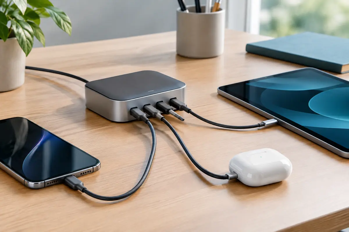 Station de bureau avec câbles USB-C intégrés branchés à plusieurs appareils compatibles