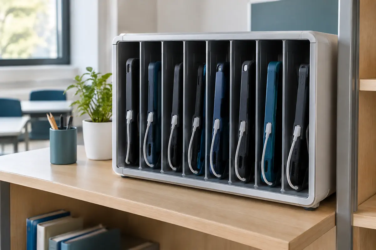 Tablettes en coque rangées et branchées dans une station à compartiments sur une étagère