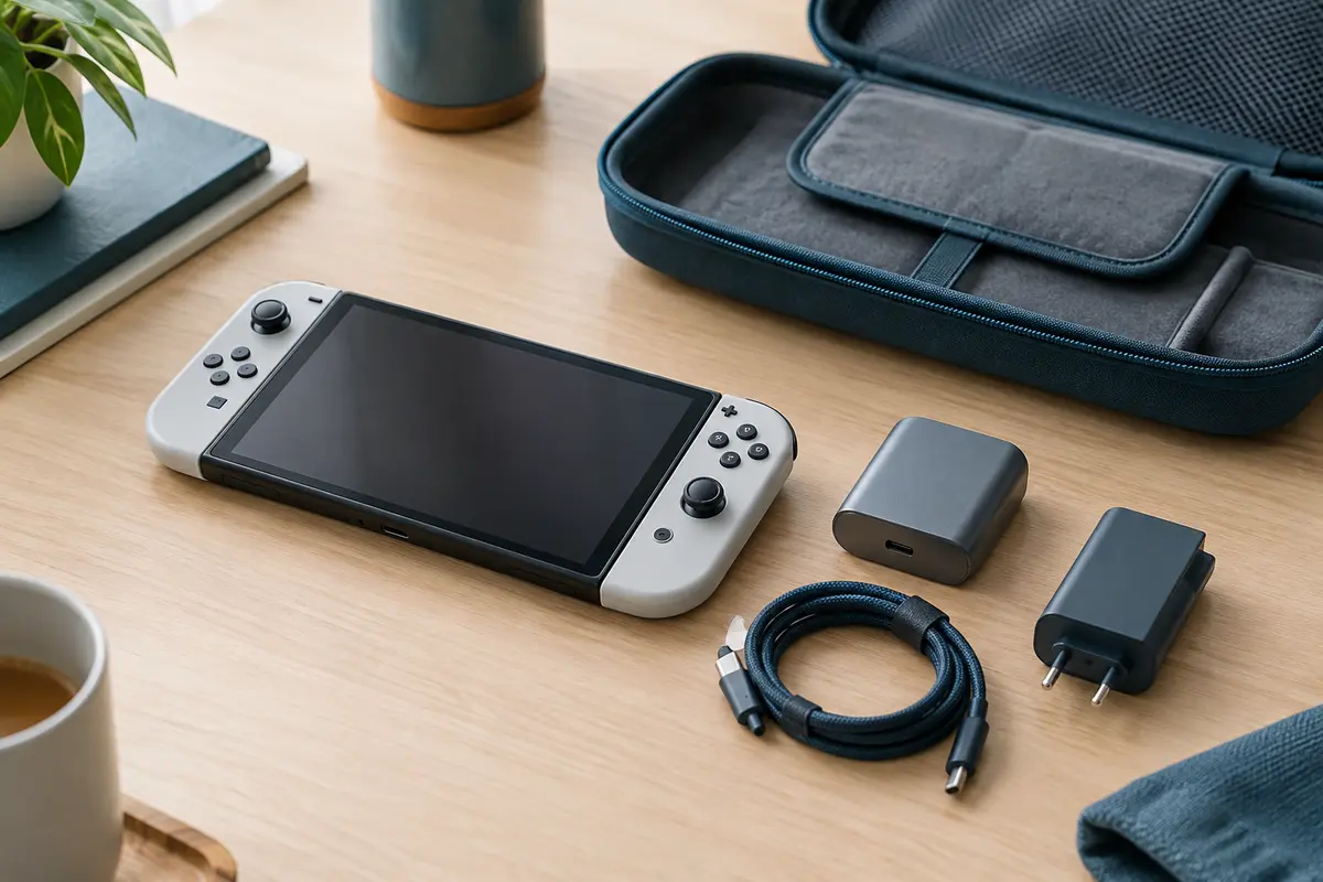 Console portable, station de charge compacte, câble et adaptateur rangés près d’une housse de voyage.