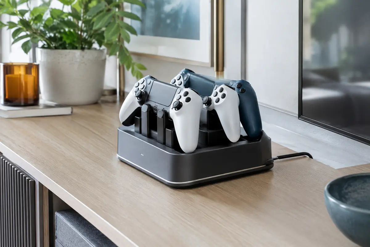Station de charge stable avec des manettes rangées à portée de main et des câbles bien organisés