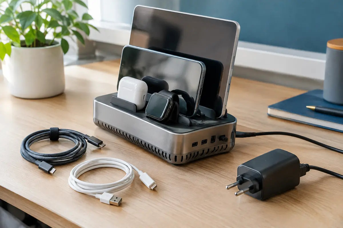 Station de charge multi-appareils et câbles disposés sur un bureau dégagé pour une vérification visuelle