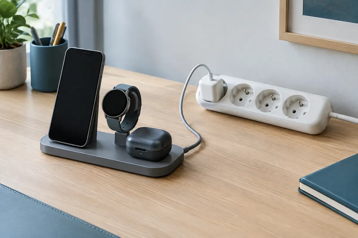 Station de charge multi-appareils sur un bureau clair, reliée à une multiprise française blanche à quatre prises dont une seule est occupée