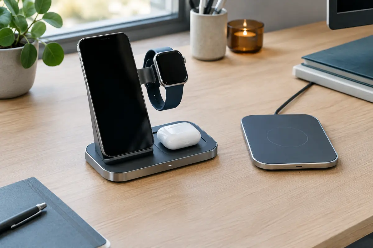 Station de charge sans fil 3-en-1 et tapis multi-appareils côte à côte sur un bureau