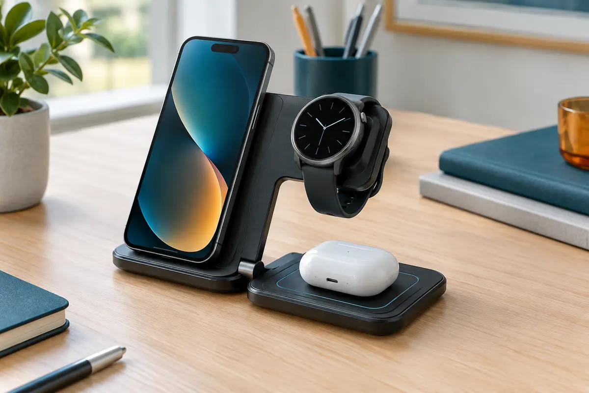 Station de charge pliable noire avec un téléphone, une montre connectée et des écouteurs sur un bureau.
