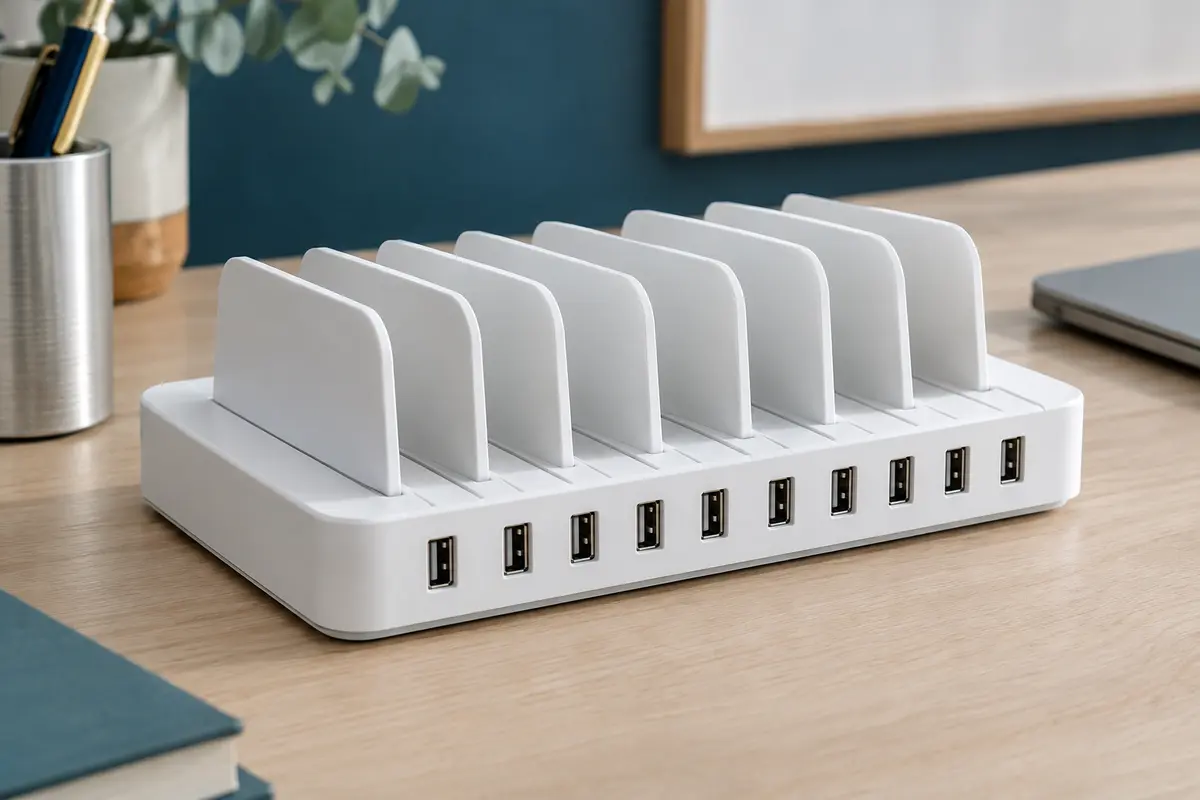 Station de charge Alxum blanche avec dix ports USB-A et supports réglables sur un bureau clair