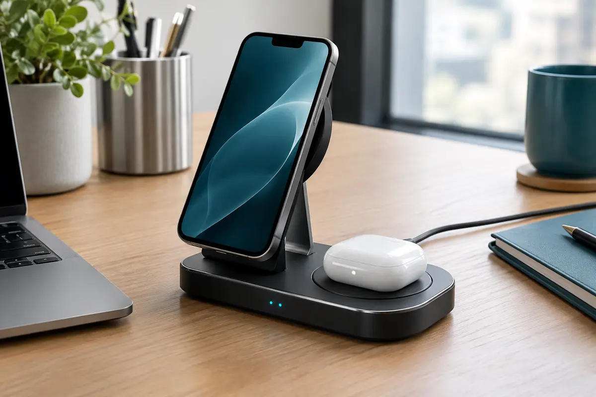 Station noire Anker 2-en-1 avec un téléphone sur support et des écouteurs en recharge