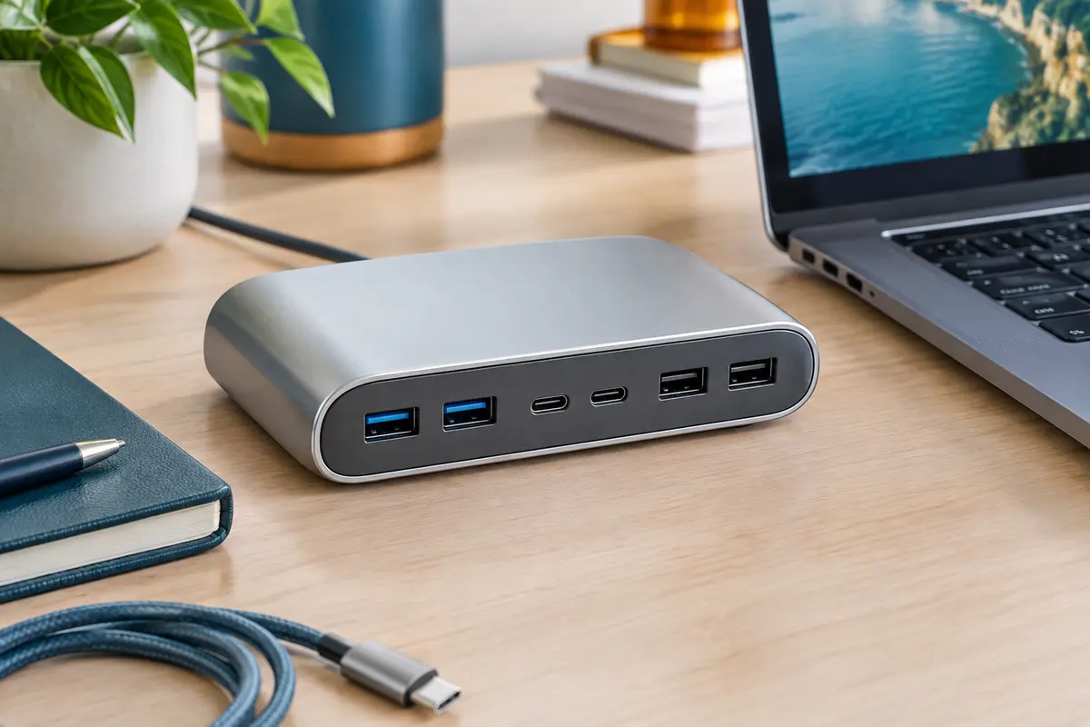 Station de charge Anker Prime argentée à six ports, posée sur un bureau contemporain en bois clair.