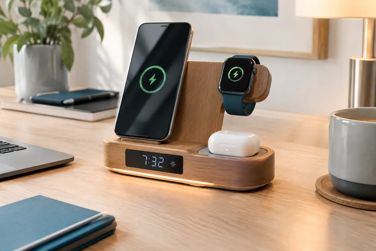 Station de charge sans fil en teinte bois avec réveil numérique et lampe sur un bureau contemporain