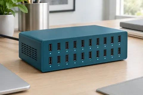 Station de charge bleu pétrole à 20 ports USB-A en deux rangées, posée seule sur un bureau en bois clair