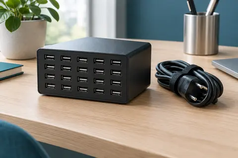 Station de charge noire compacte à 20 ports USB-A en grille, avec son cordon enroulé sur un bureau en bois clair