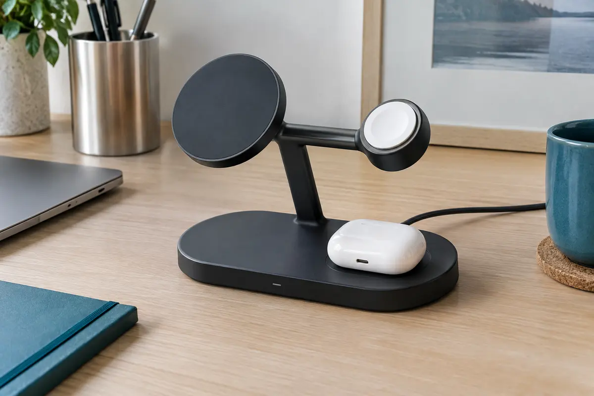 Station de recharge noire à trois zones pour un iPhone compatible, une Apple Watch et des AirPods sur un bureau.
