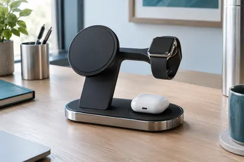 Station de charge sans fil noire à base chromée, avec supports pour téléphone, montre et écouteurs