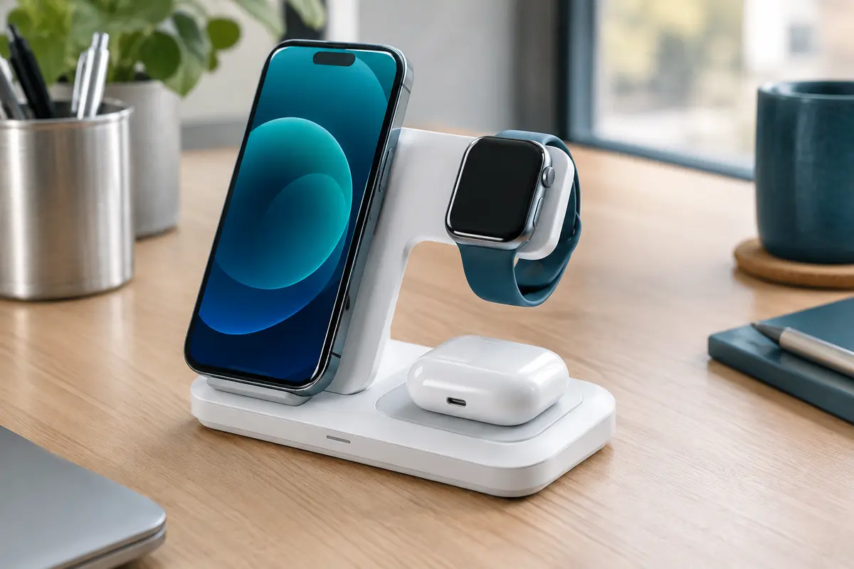 Station de charge Belkin blanche pliable avec smartphone, montre connectée et écouteurs sans fil sur un bureau