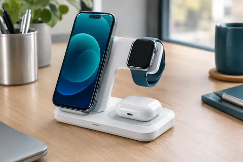 Station de charge Belkin blanche pliable avec smartphone, montre connectée et écouteurs sans fil sur un bureau