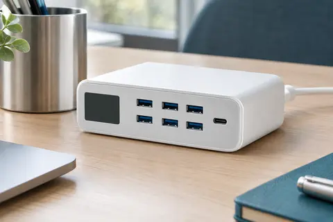 Station de charge USB blanche à sept ports avec écran LCD, posée sur un bureau en bois clair.