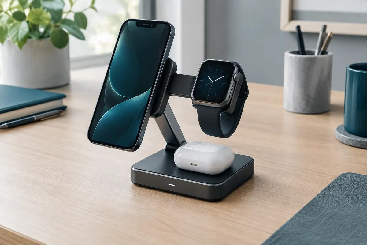 Station de charge Cyfibyno noire et pliable avec un téléphone, une montre et des écouteurs sur un bureau