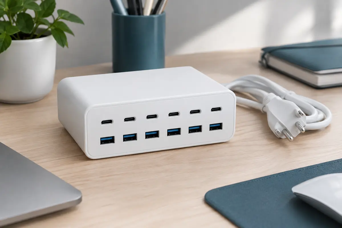 Station de charge blanche à douze ports USB-C et USB-A posée sur un bureau en bois clair.