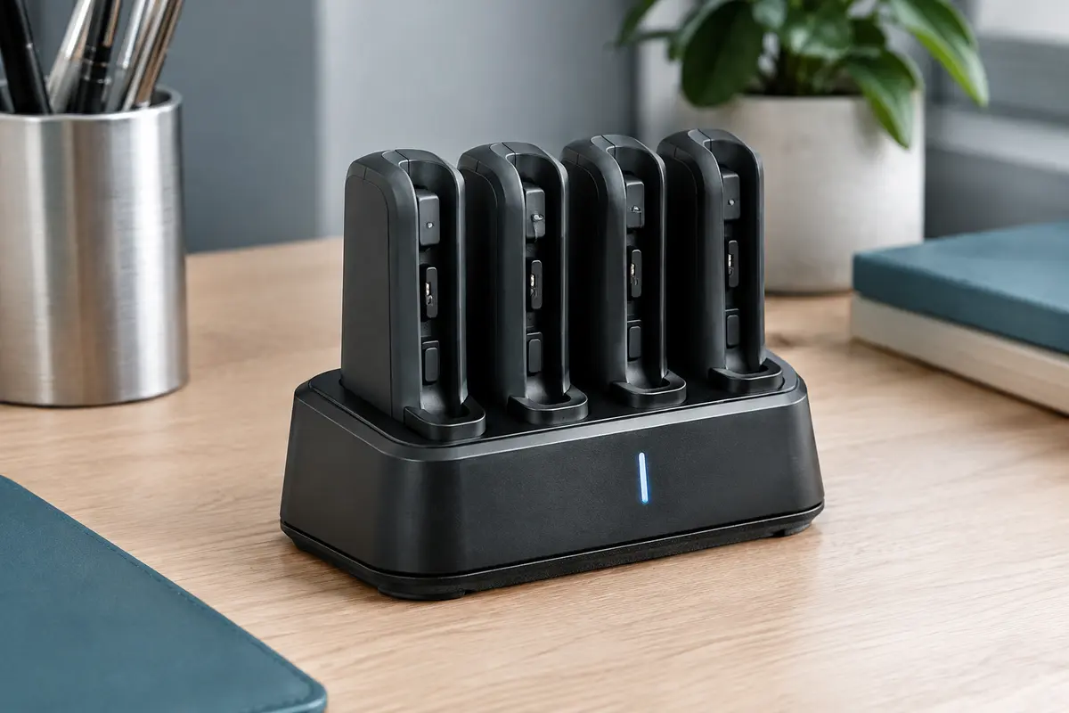 Station noire Diyife avec quatre emplacements Joy-Con et voyant LED sur un bureau en bois clair