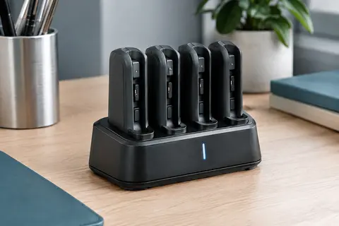 Station noire Diyife avec quatre emplacements Joy-Con et voyant LED sur un bureau en bois clair