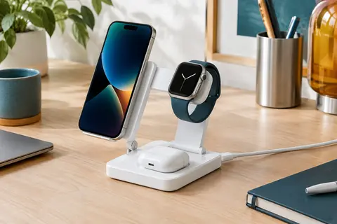 Station blanche EXW pliable rechargeant un iPhone, une Apple Watch et des AirPods sur un bureau.
